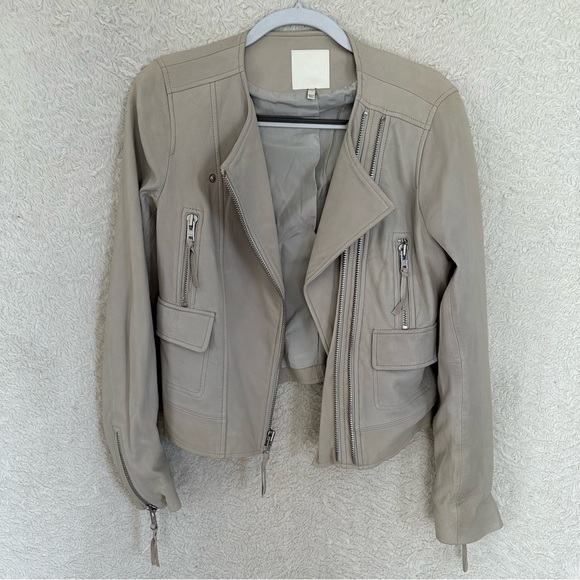 JOIE VIVIANETTE Soft Sand Leather Moto Asymmetrical Zip Jacket Coat S - Picture 5 of 16